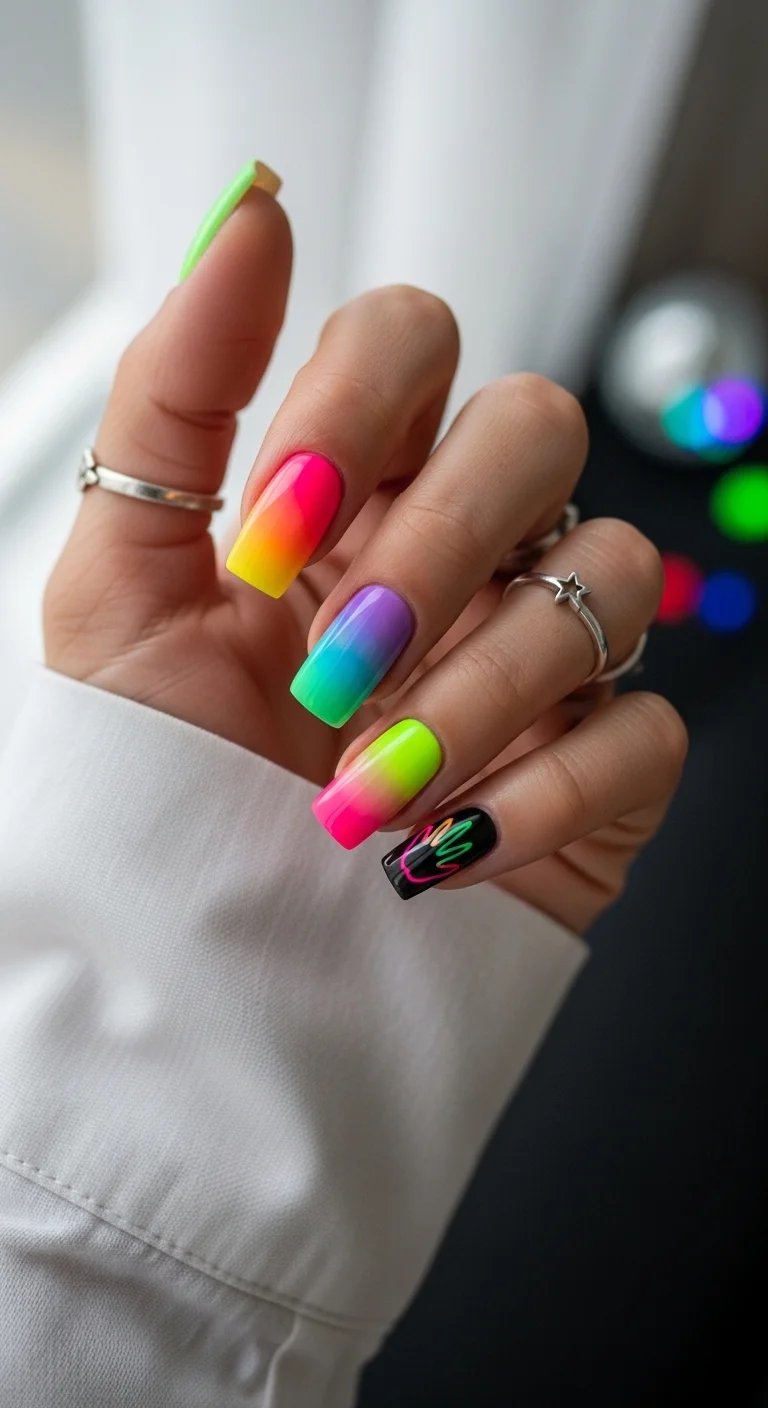 Neon vertical gradients in pink, orange, and green, with a black accent nail featuring a neon palm silhouette.