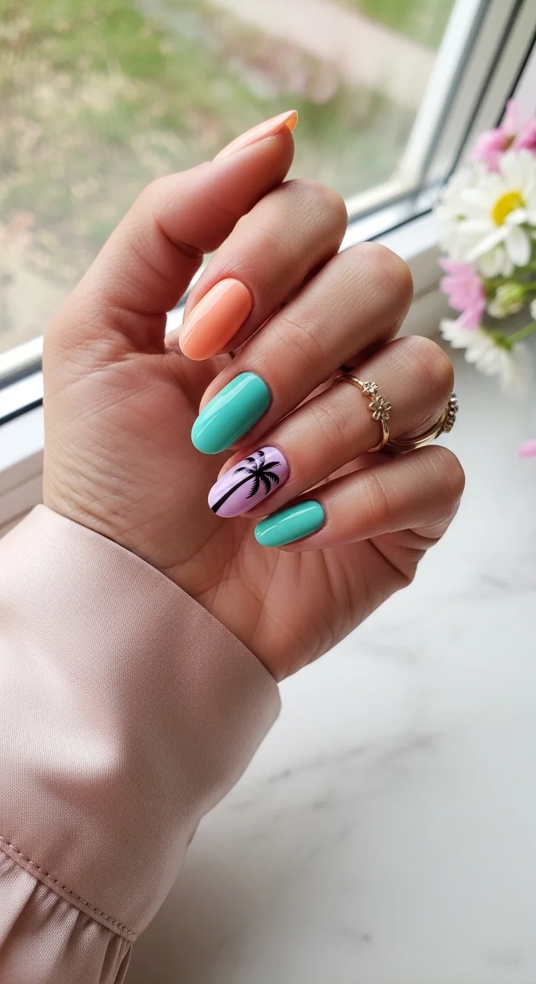 Alternating teal and peach nails with a light purple accent nail showing a black palm tree.
