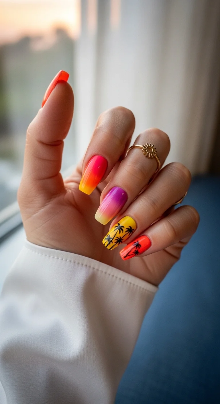 Long coffin nails with intense sunset gradients and black palm tree silhouettes on two fingers.