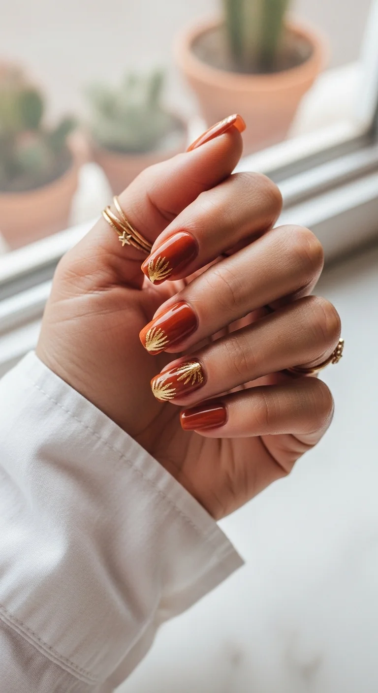 Rich terracotta orange nails with gold foil palm leaf accents at the base.