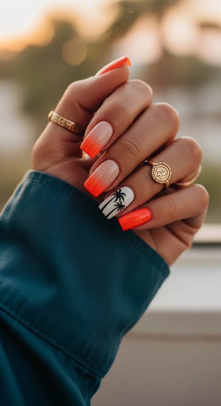 Short square nails with a soft orange-to-white ombre and black palm trees on an accent nail.