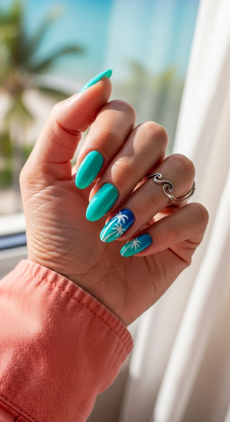 Teal-blue nails with a dark blue accent nail featuring white palm trees.