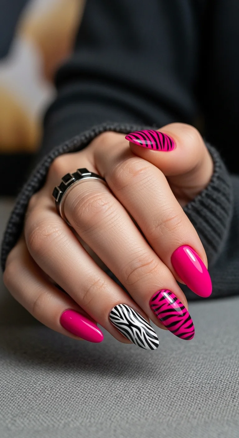 Hot pink almond nails with black and white zebra print accents.