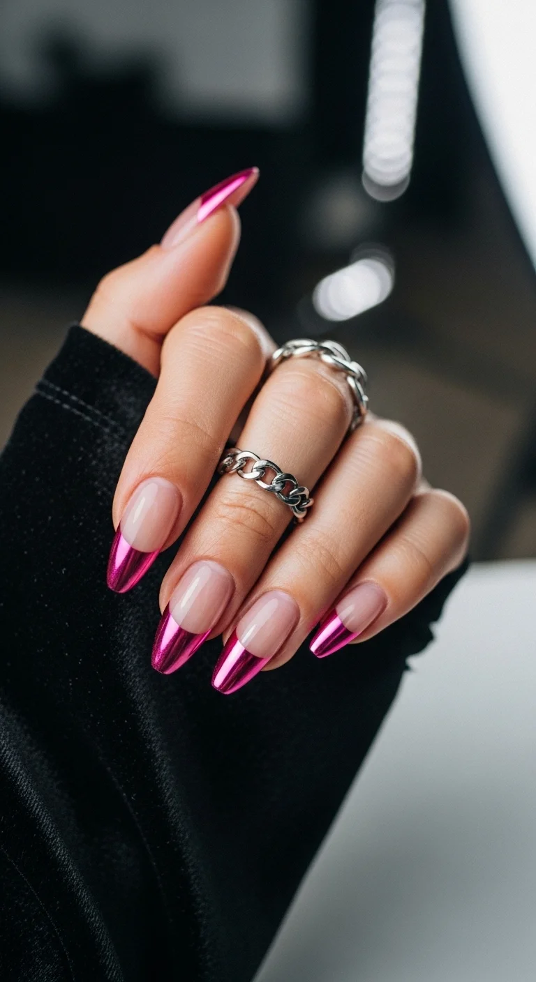 Nude almond nails with metallic fuchsia chrome French tips.