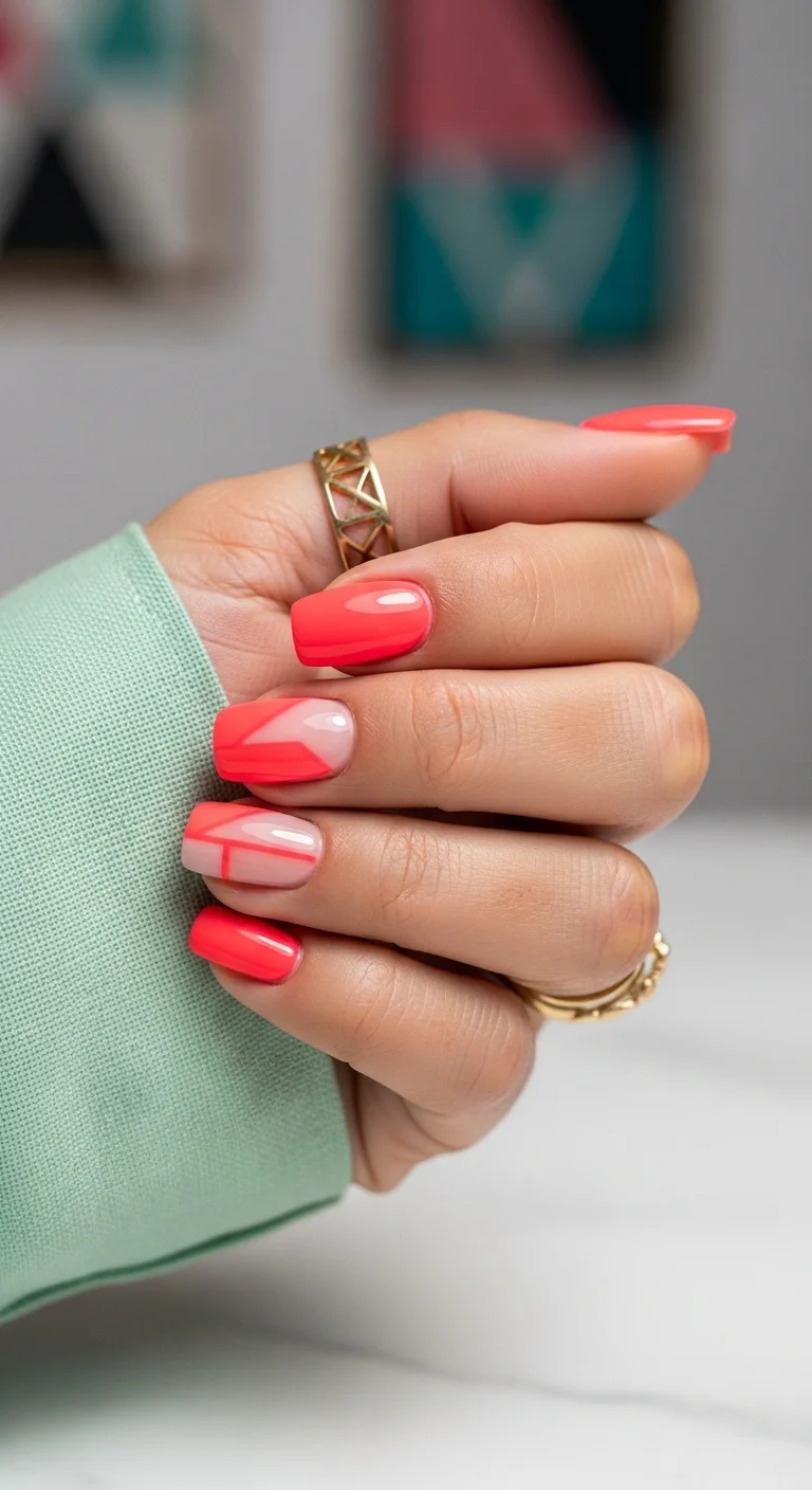 Coral pink square nails with modern geometric line art and negative space.