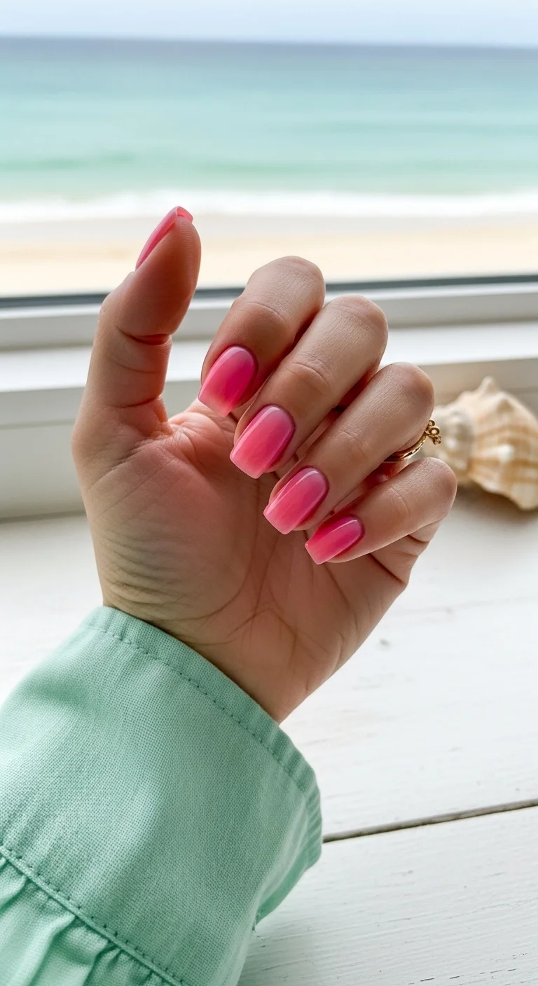 Squoval nails with a soft, glowing pink aura or gradient effect in the center.