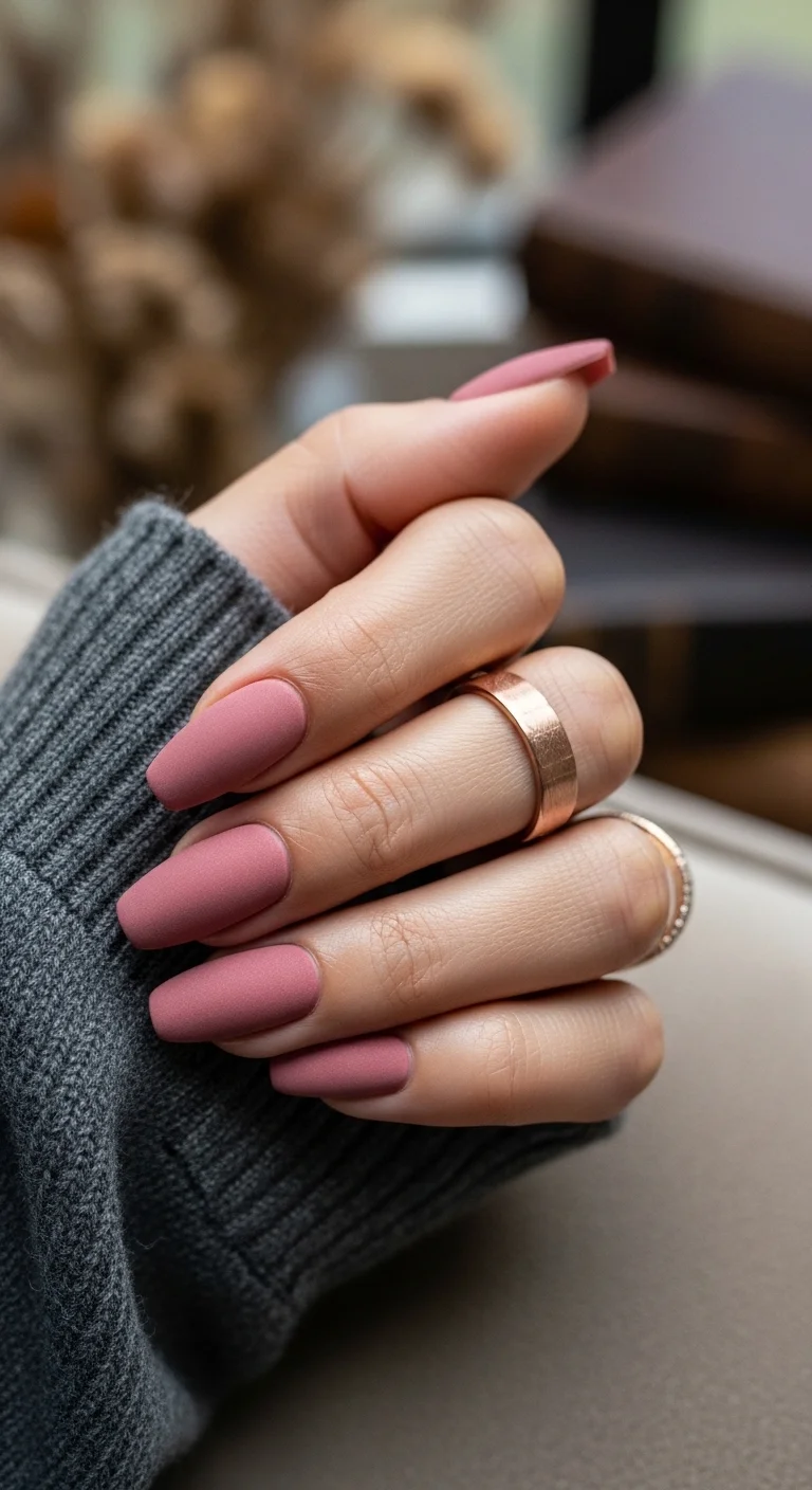 Matte finish coffin nails in a sophisticated dusty mauve-pink.