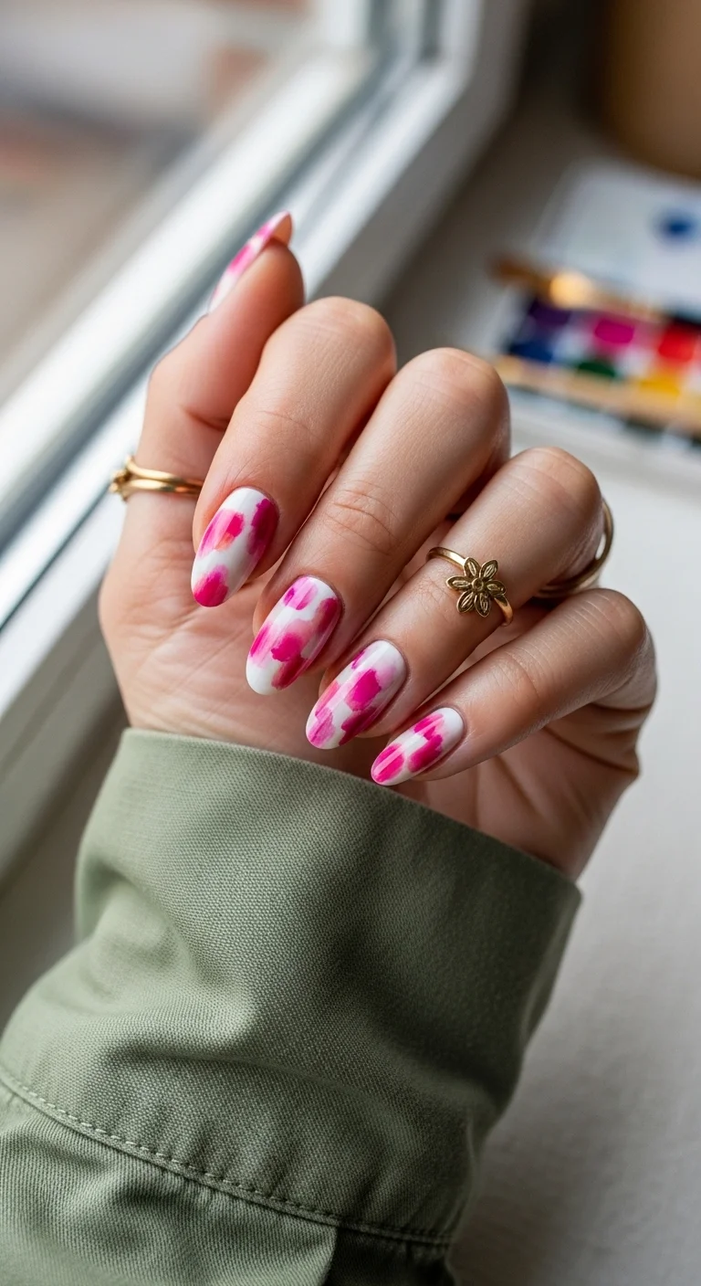 White almond nails with artistic, abstract pink watercolor brush strokes.