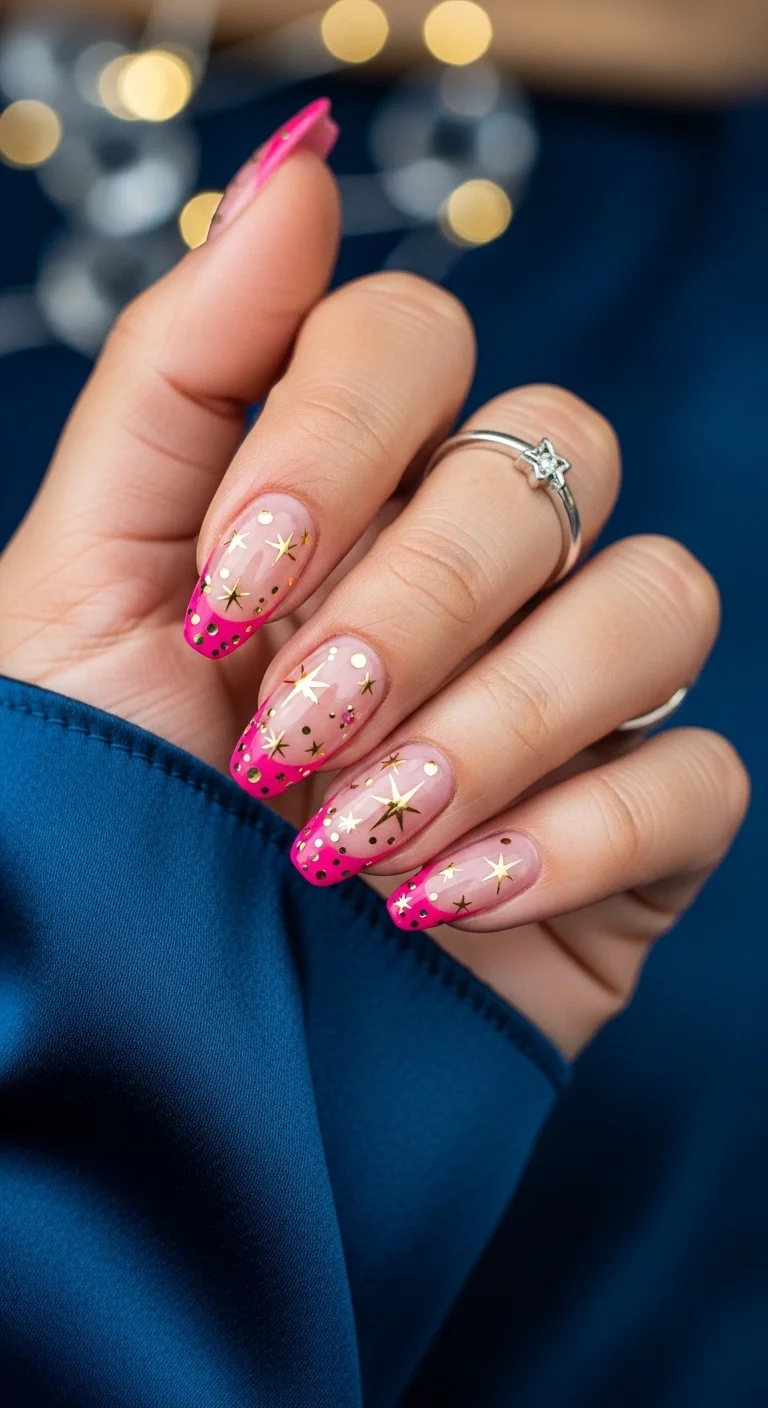 Pink French tip almond nails with gold stars and dot accents.