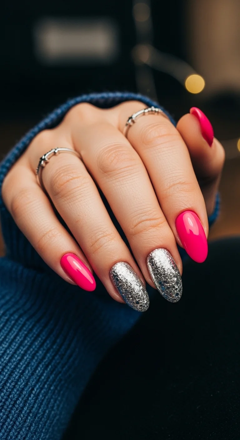 Hot pink almond nails with a full silver holographic glitter accent nail.