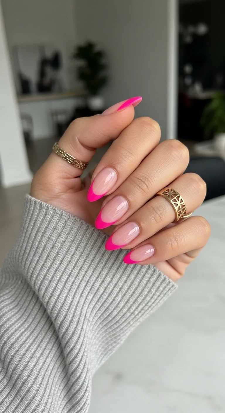 Classic almond nails with hot pink French tips and a glossy finish.