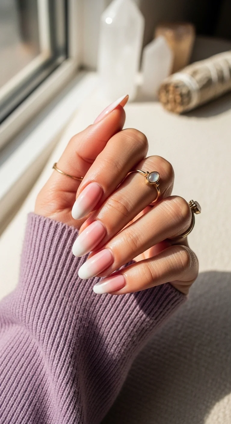 Almond nails with a seamless 'baby boomer' gradient from soft pink to white.