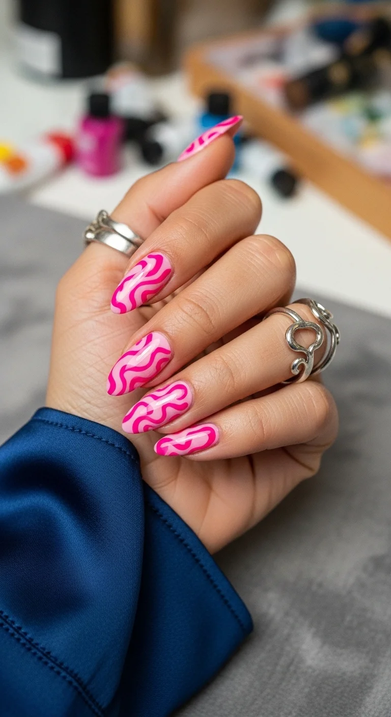 Light pink almond nails with bold, abstract fuchsia swirls.