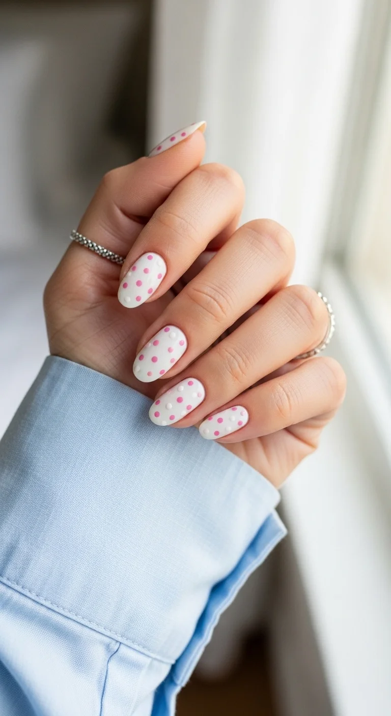White oval nails with 3D raised pink and white polka dots.