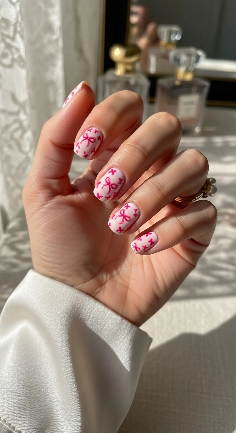 Soft pink squoval nails with hot pink hand-painted bows and 'x' marks.