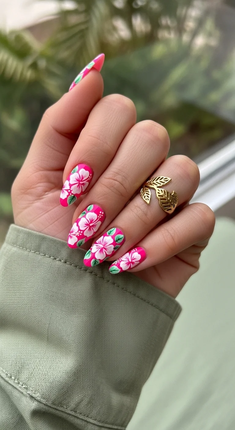 Hot pink almond nails with hand-painted white hibiscus flowers.