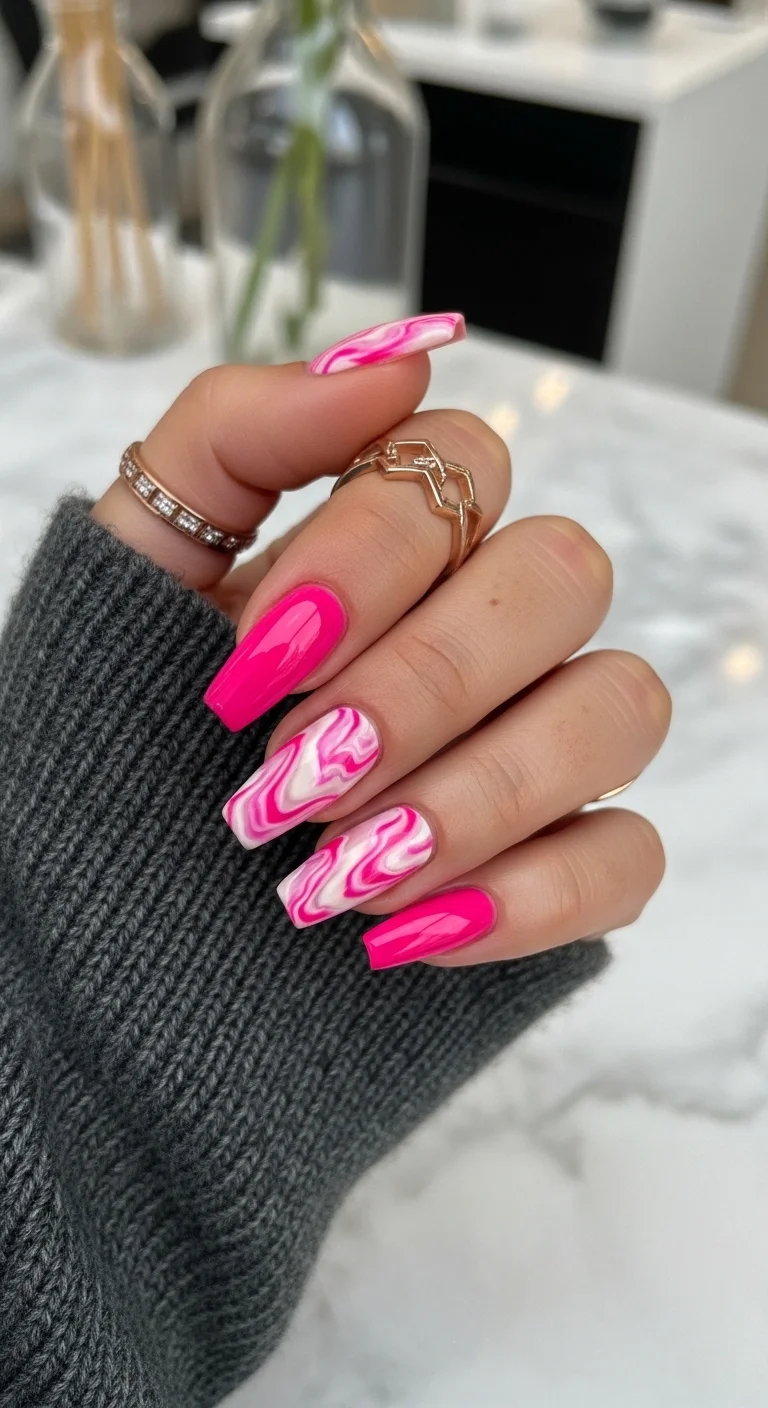 Long fuchsia coffin nails with a pink and white marble/swirl accent nail.
