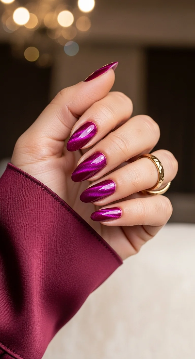 Deep magenta/berry almond nails with a magnetic cat-eye shimmer effect.