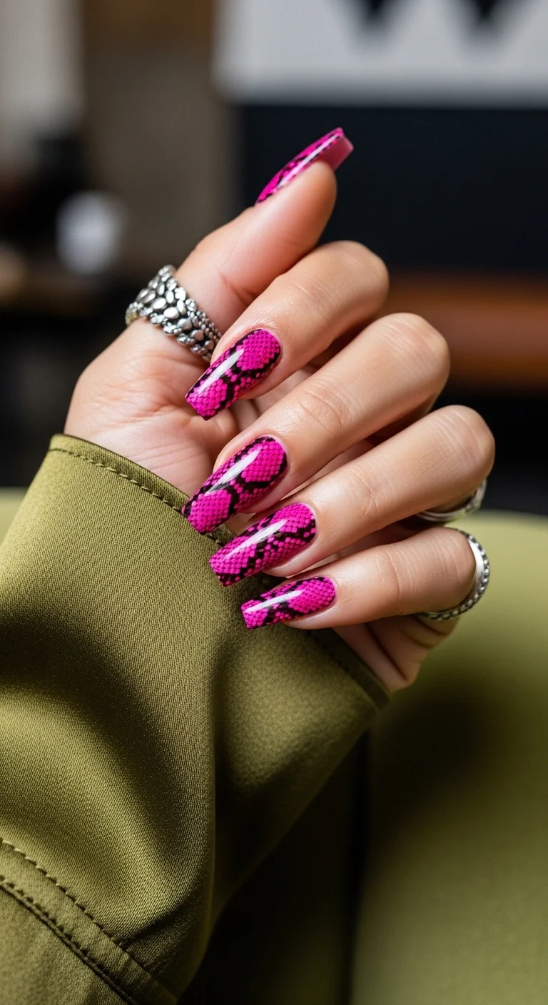 Long coffin nails with a detailed neon pink and black snakeskin print.