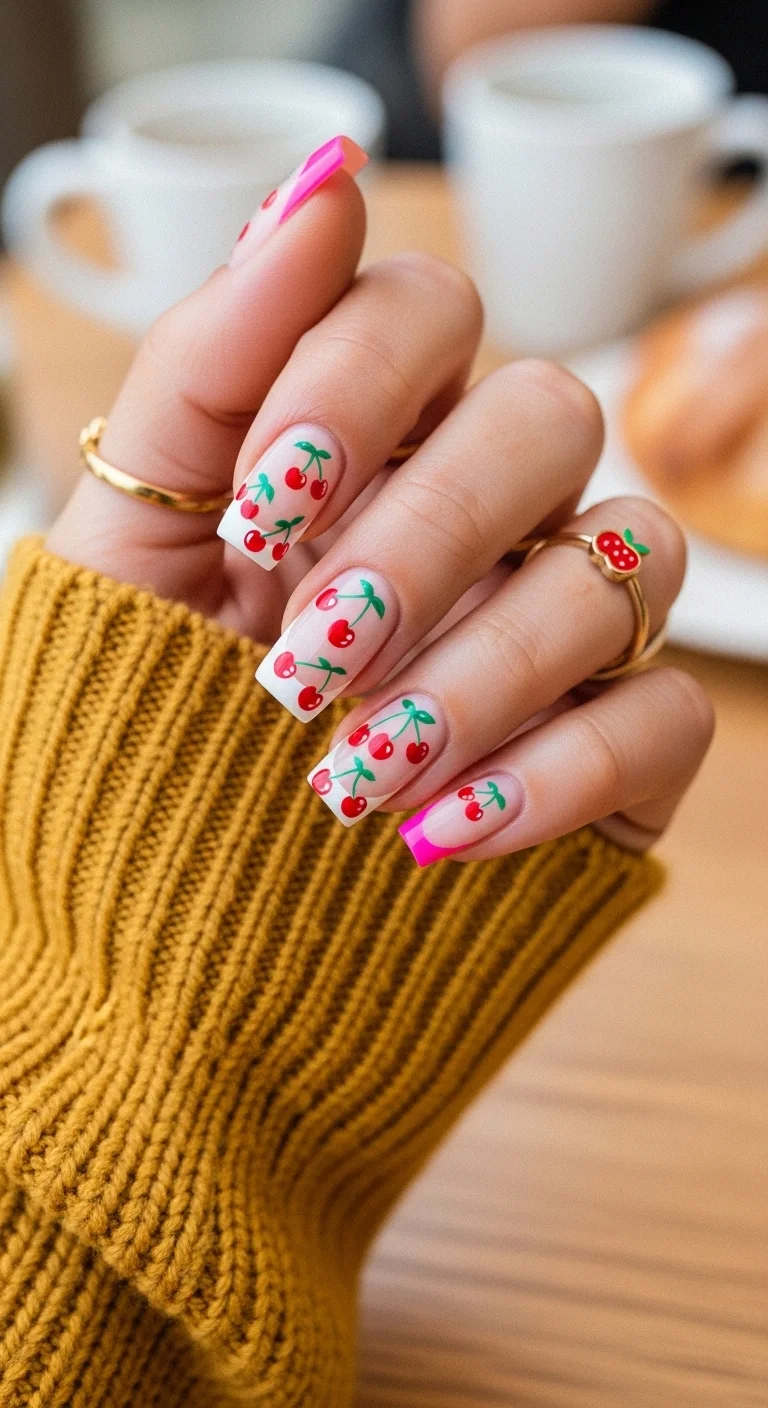 Nude coffin nails with hand-painted cherry art and hot pink French tips.