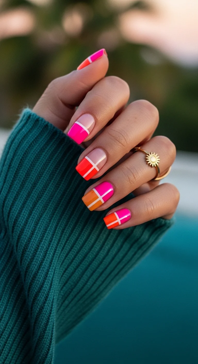 Short square nails with color-blocked sections of pink, orange, and white.