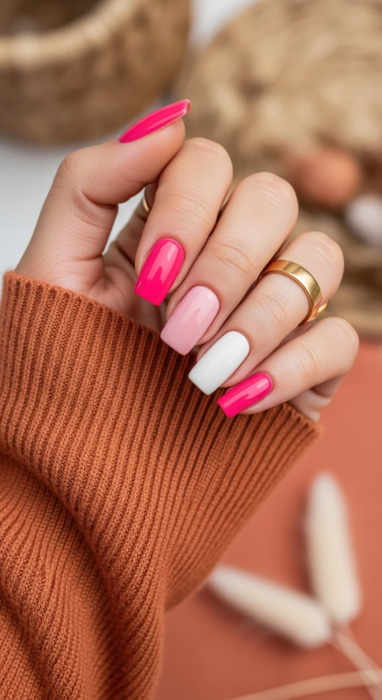Square nails featuring a multi-shade pink and white 'skittle' gradient look.