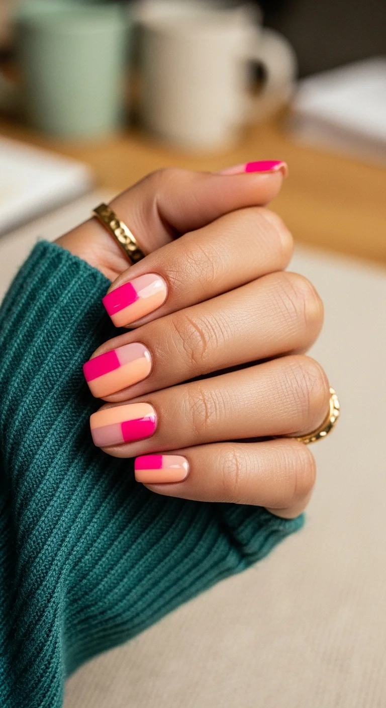 Short square nails with a modern quadrant color-blocking in pink, peach, and nude.