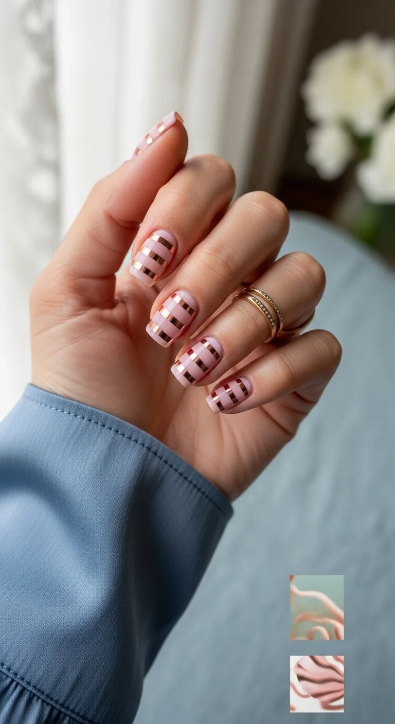 Pale pink square nails with horizontal rose gold metallic stripes.