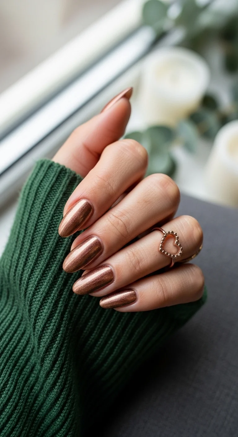 Almond shaped nails in a textured metallic rose-bronze shade.