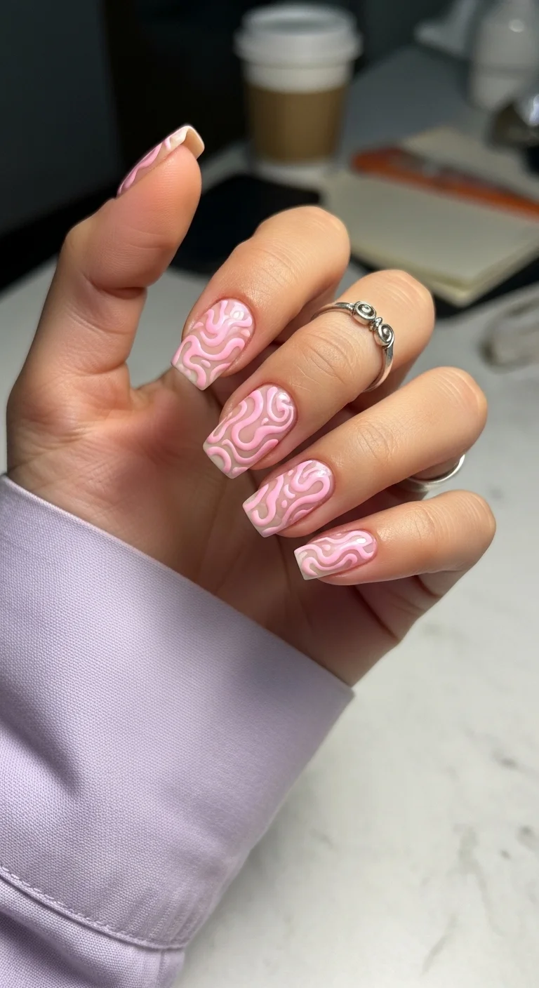 Nude coffin nails with 3D raised pink swirl patterns.
