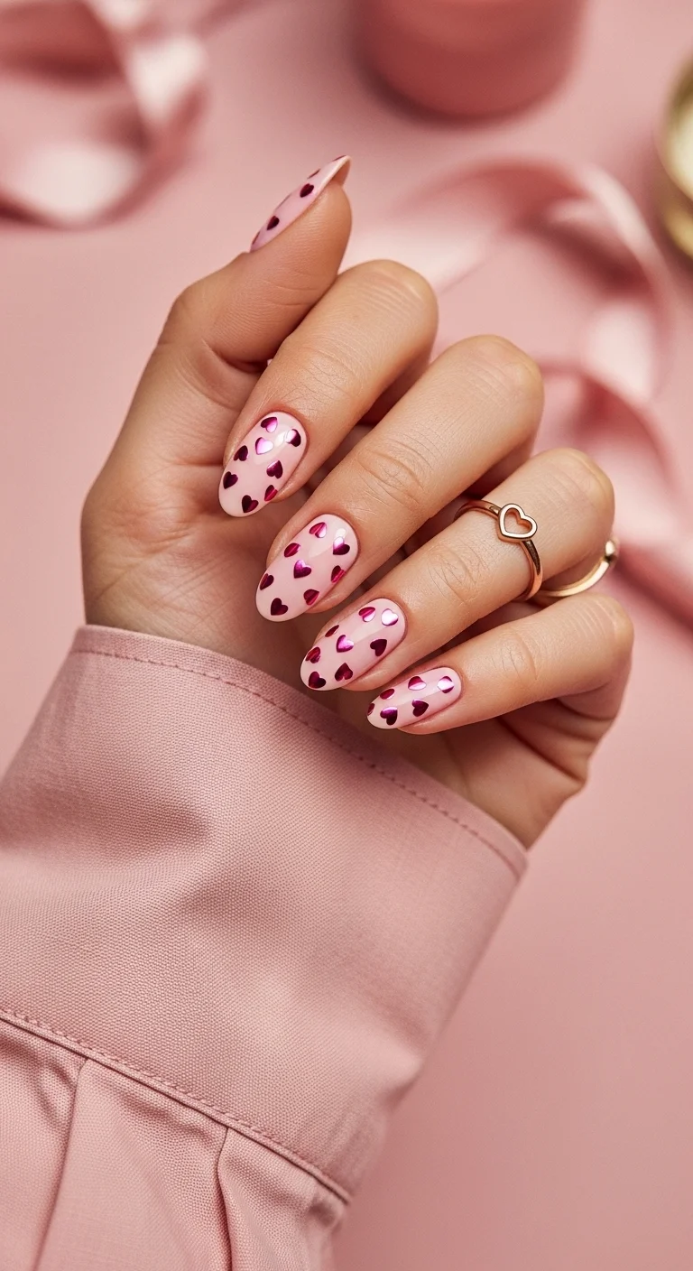 Pale pink almond nails covered in tiny metallic magenta heart sequins.