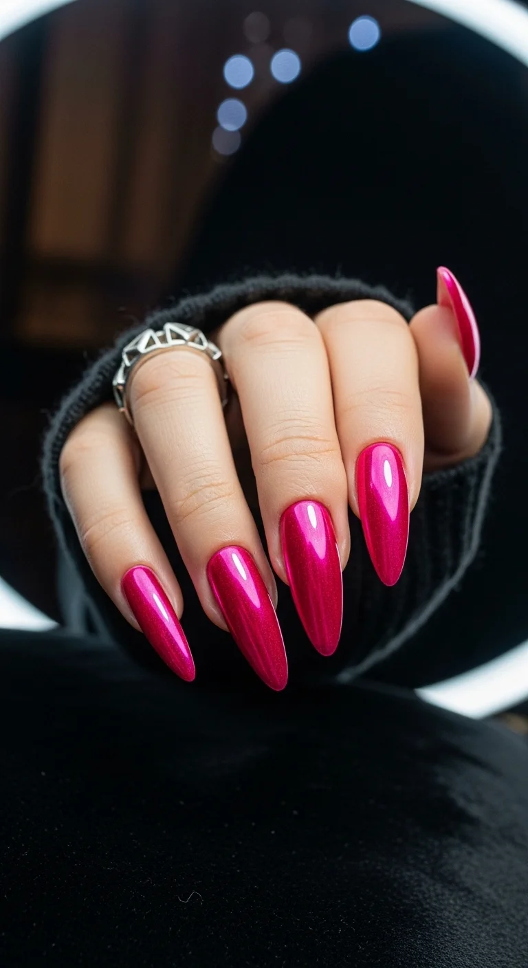 Long pointed stiletto nails in a high-shine metallic fuchsia chrome.