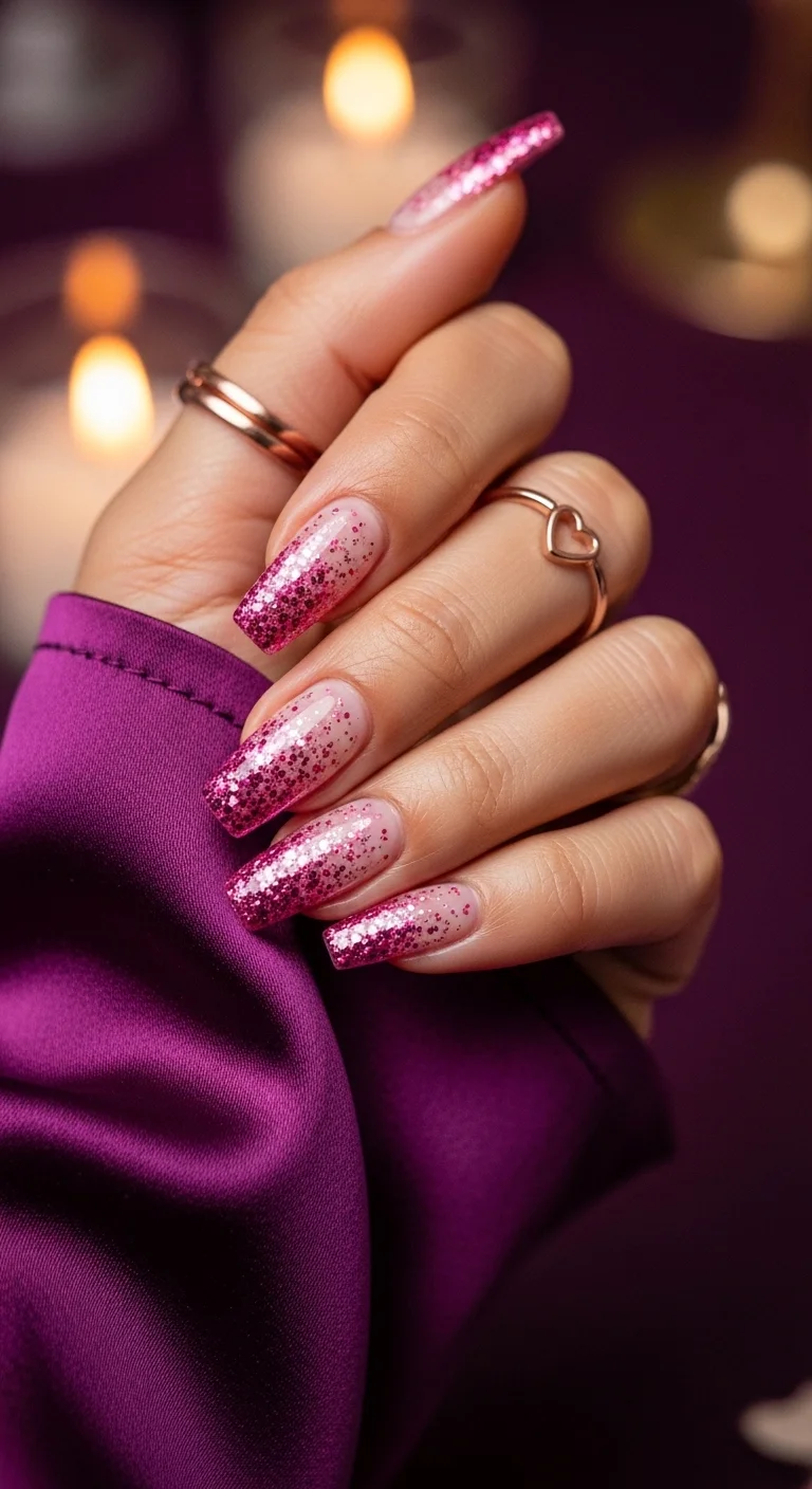 Long coffin nails with a magenta glitter gradient from tip to base.