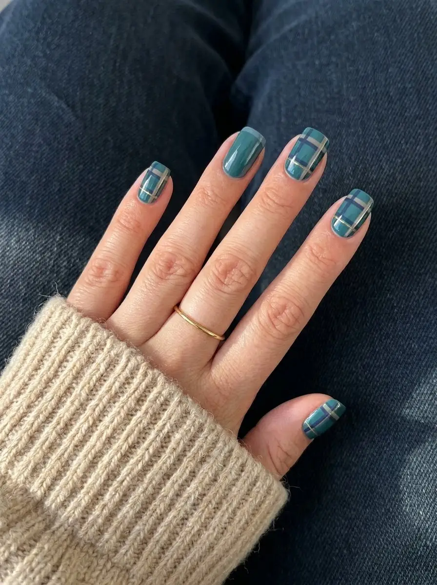 Teal Tartan Plaid Nails