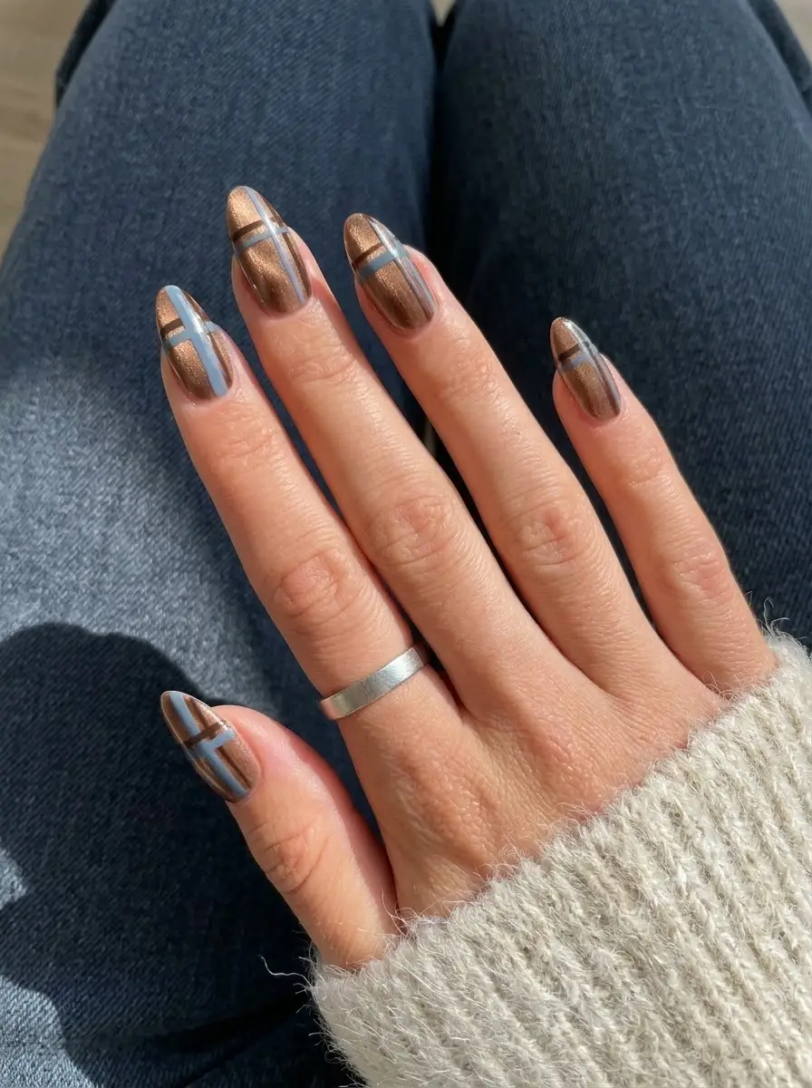 Bronze Chrome-Blue Plaid Nails