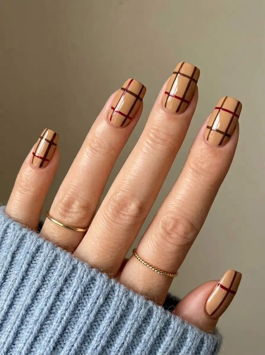 Tan-Burgundy Plaid Nails