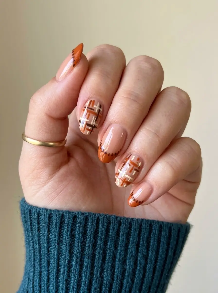 Orange Plaid French Nails