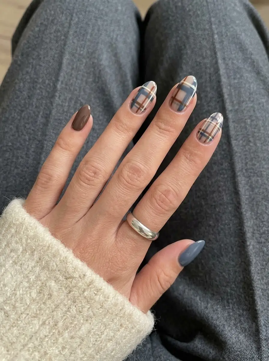 Navy Blue-Chocolate Brown Plaid Nails