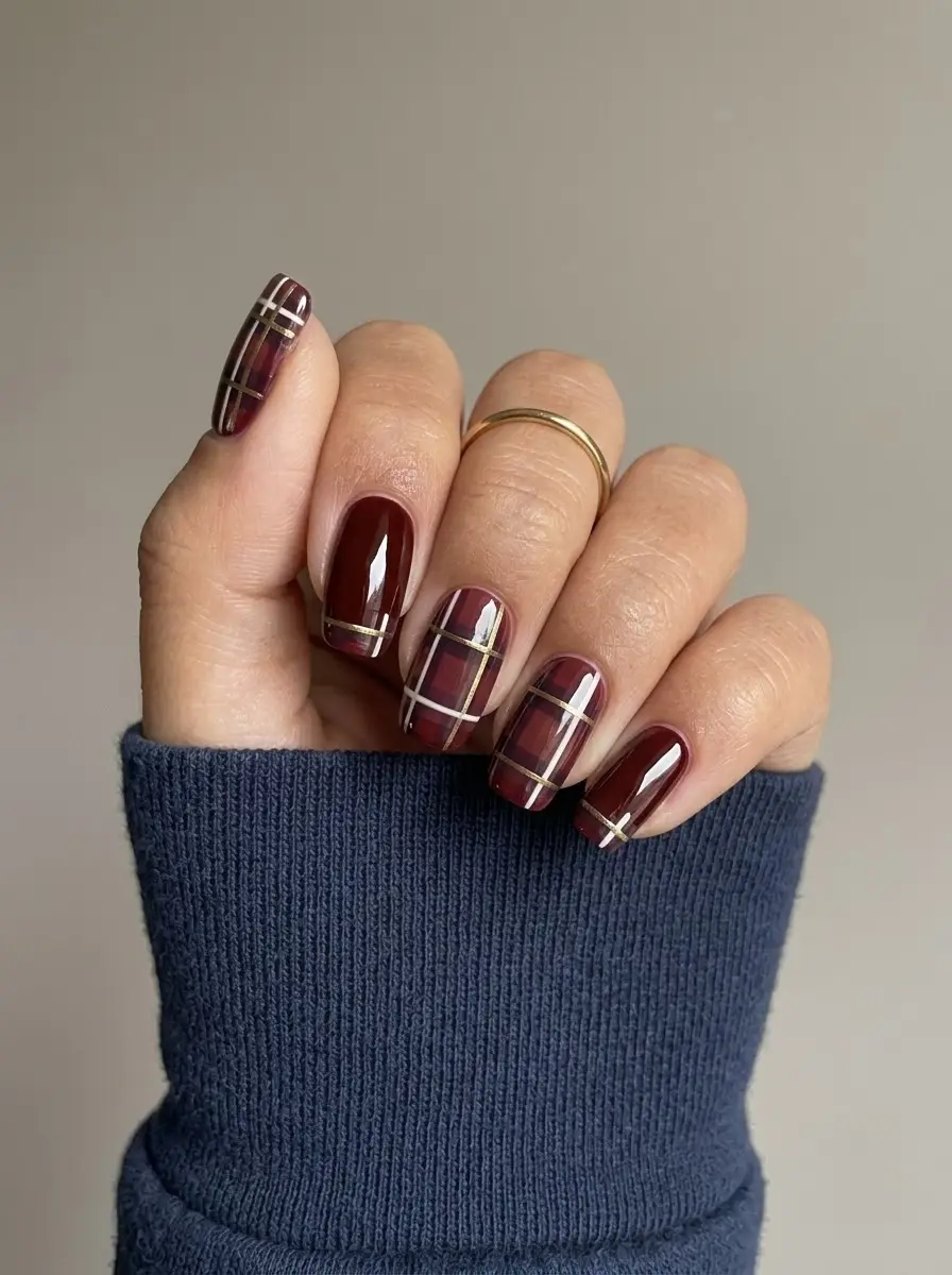 Deep Burgundy-Gold Plaid Nails