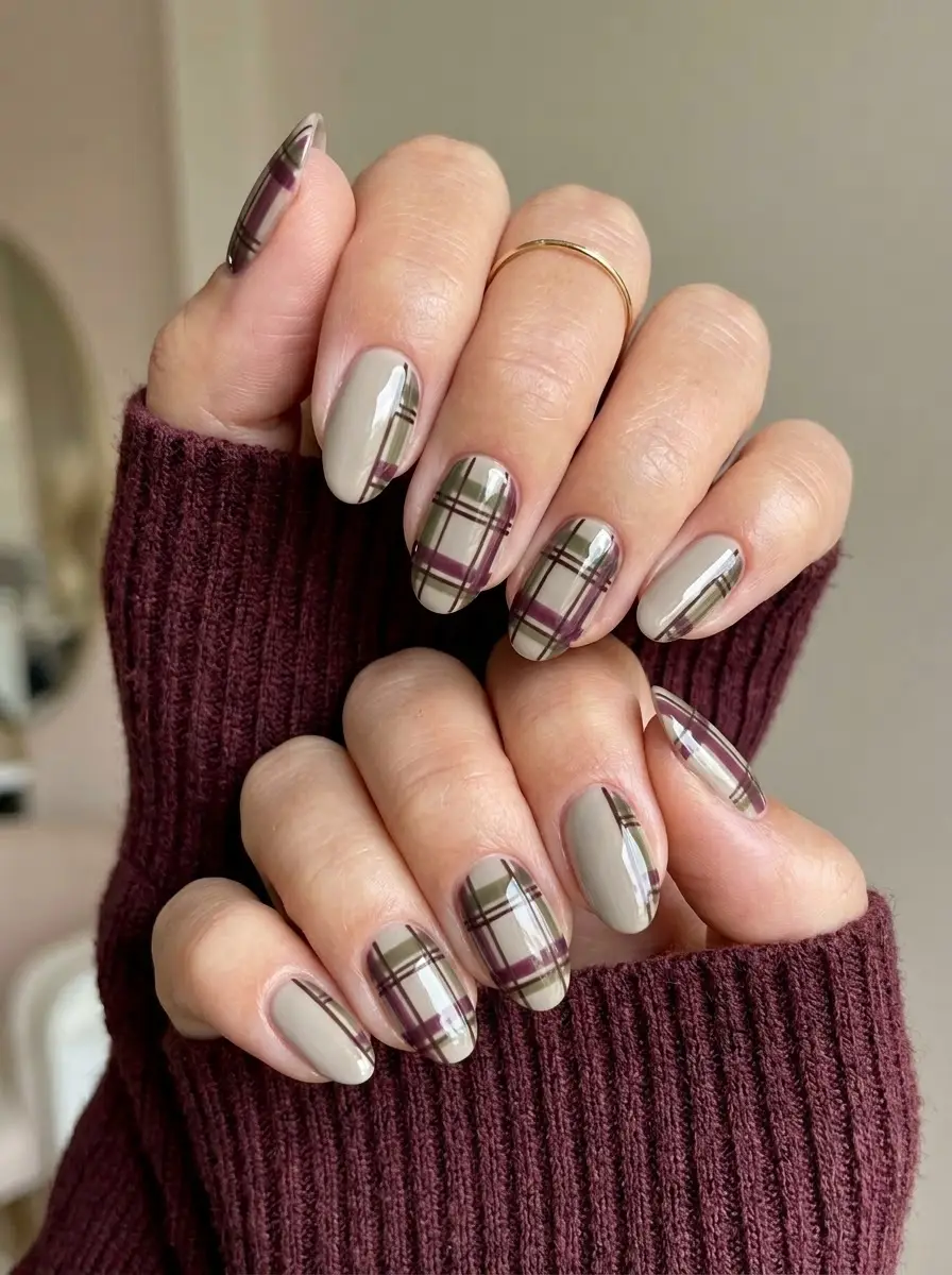 Taupe-Olive-Burgundy Plaid Nails