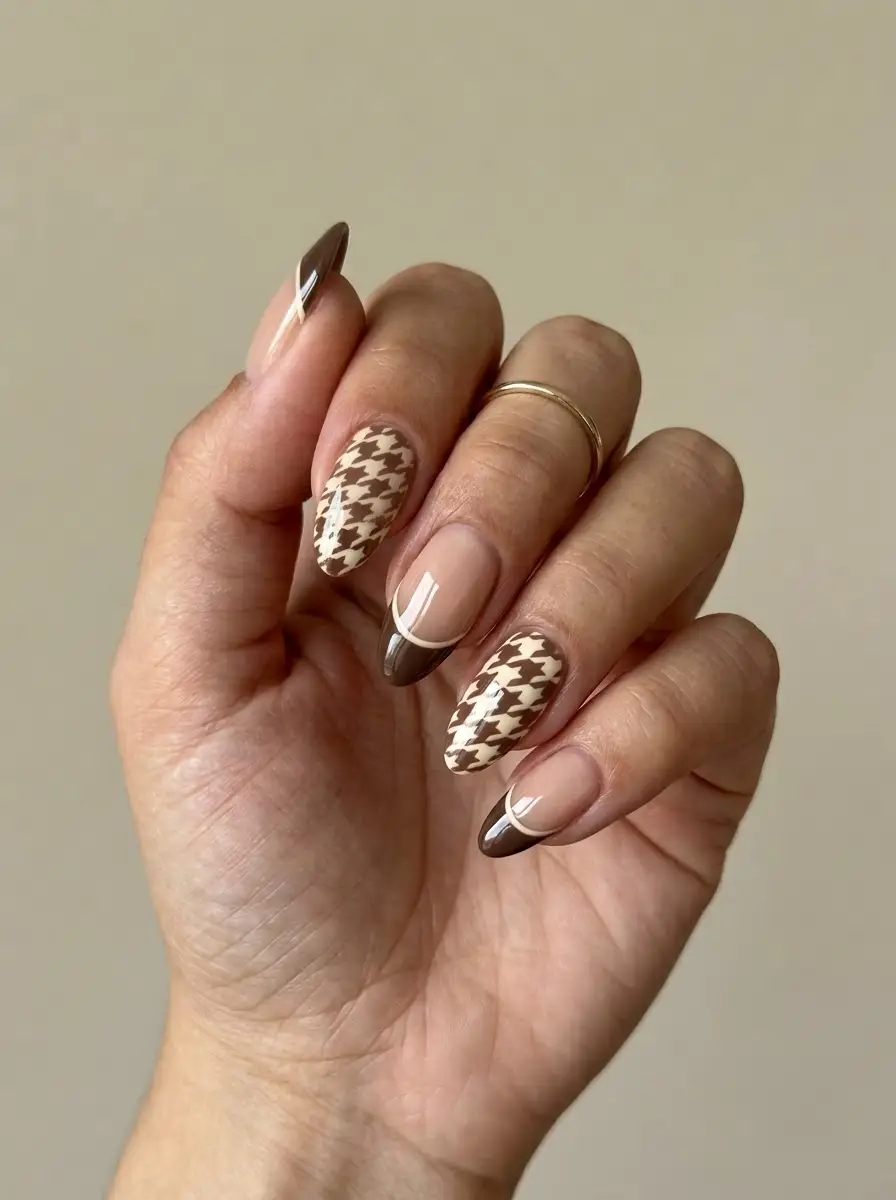Chocolate Brown Houndstooth French Nails