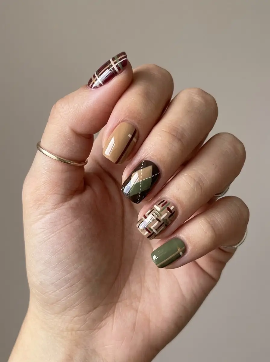 Olive Green and Tan Mixed Plaid Nails