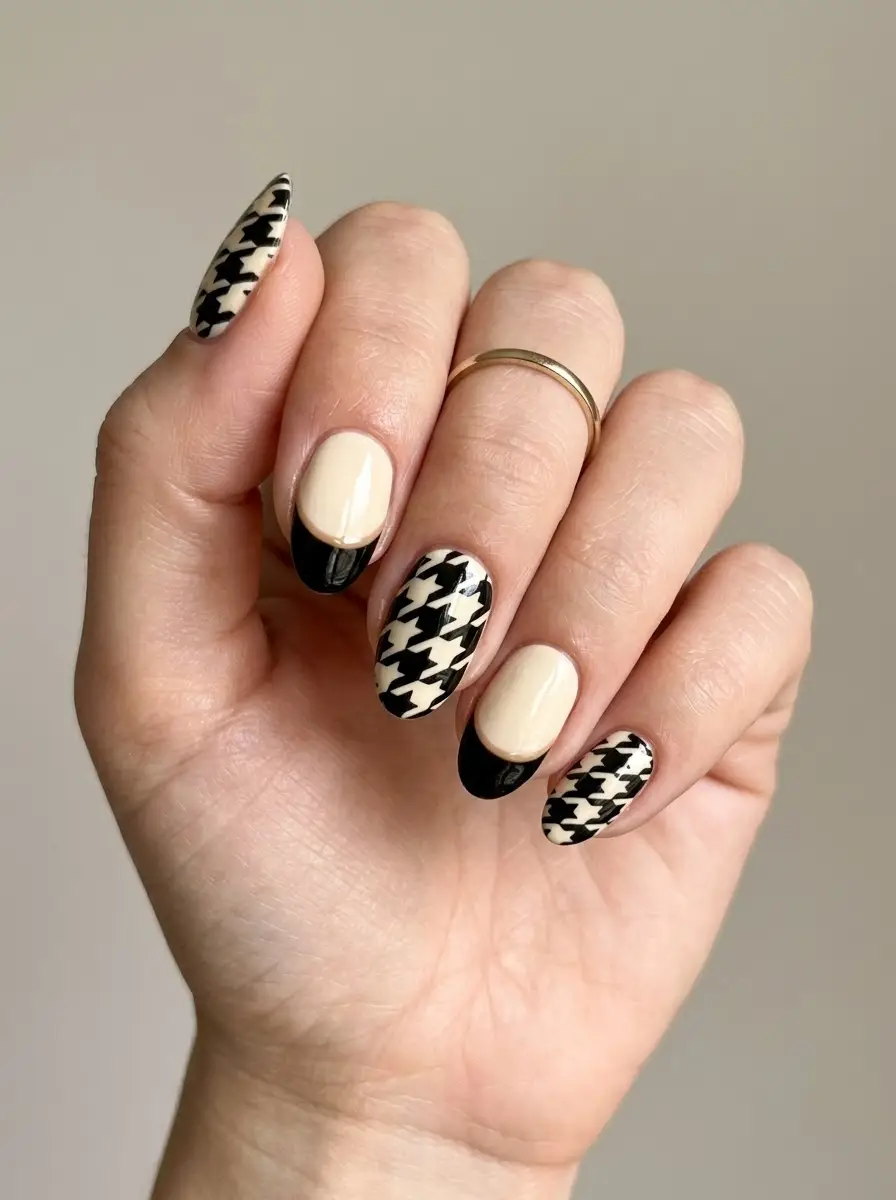 Cream & Black Houndstooth Nails