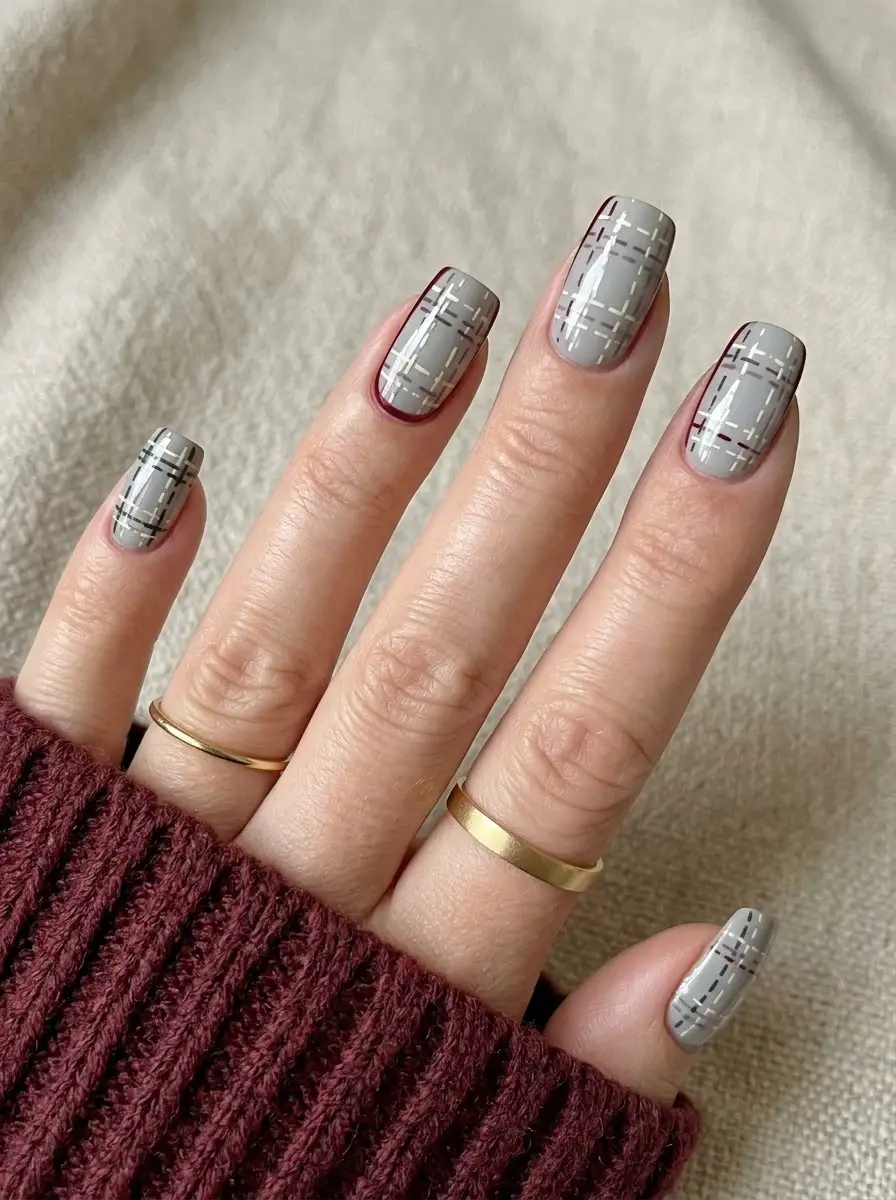 Gray-Burgundy Plaid Nails