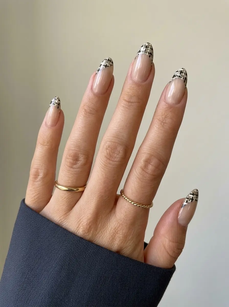 Natural French Nails With Houndstooth Tips