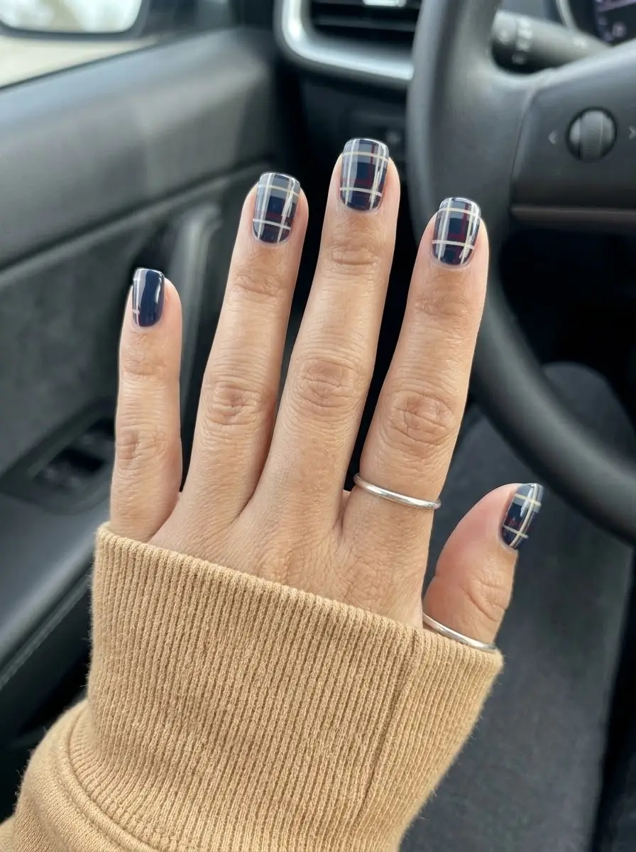 Classic Navy Plaid Nails