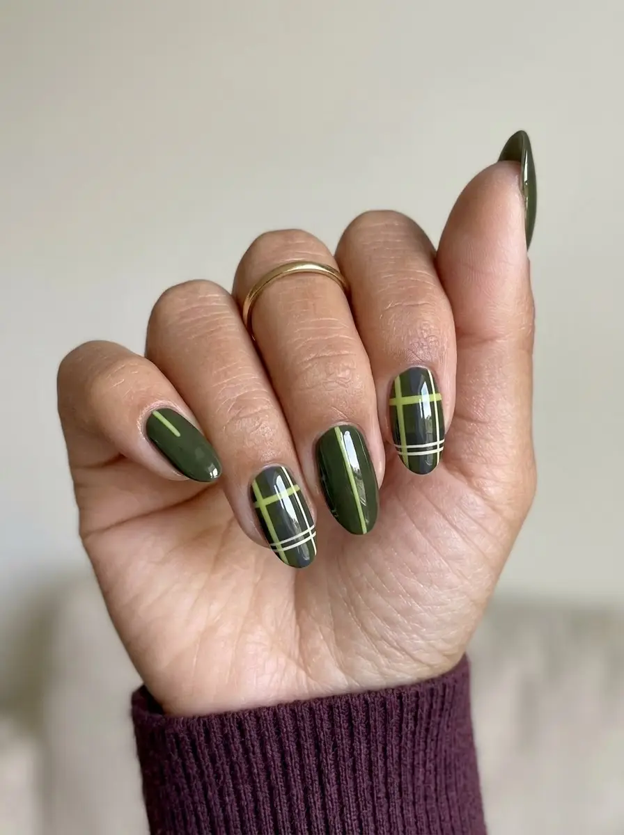Olive Green-Lime Plaid Nails