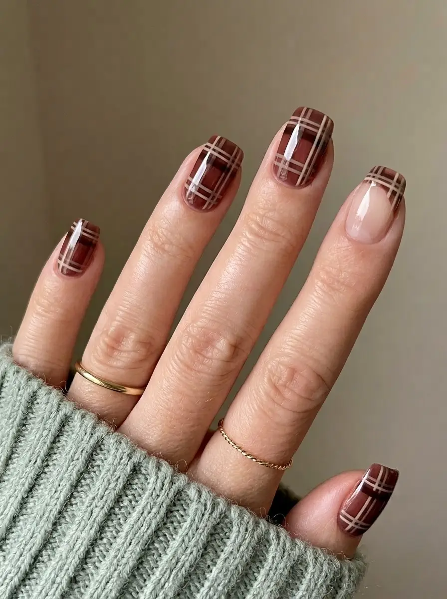 Chocolate Brown Plaid French Tip Nails
