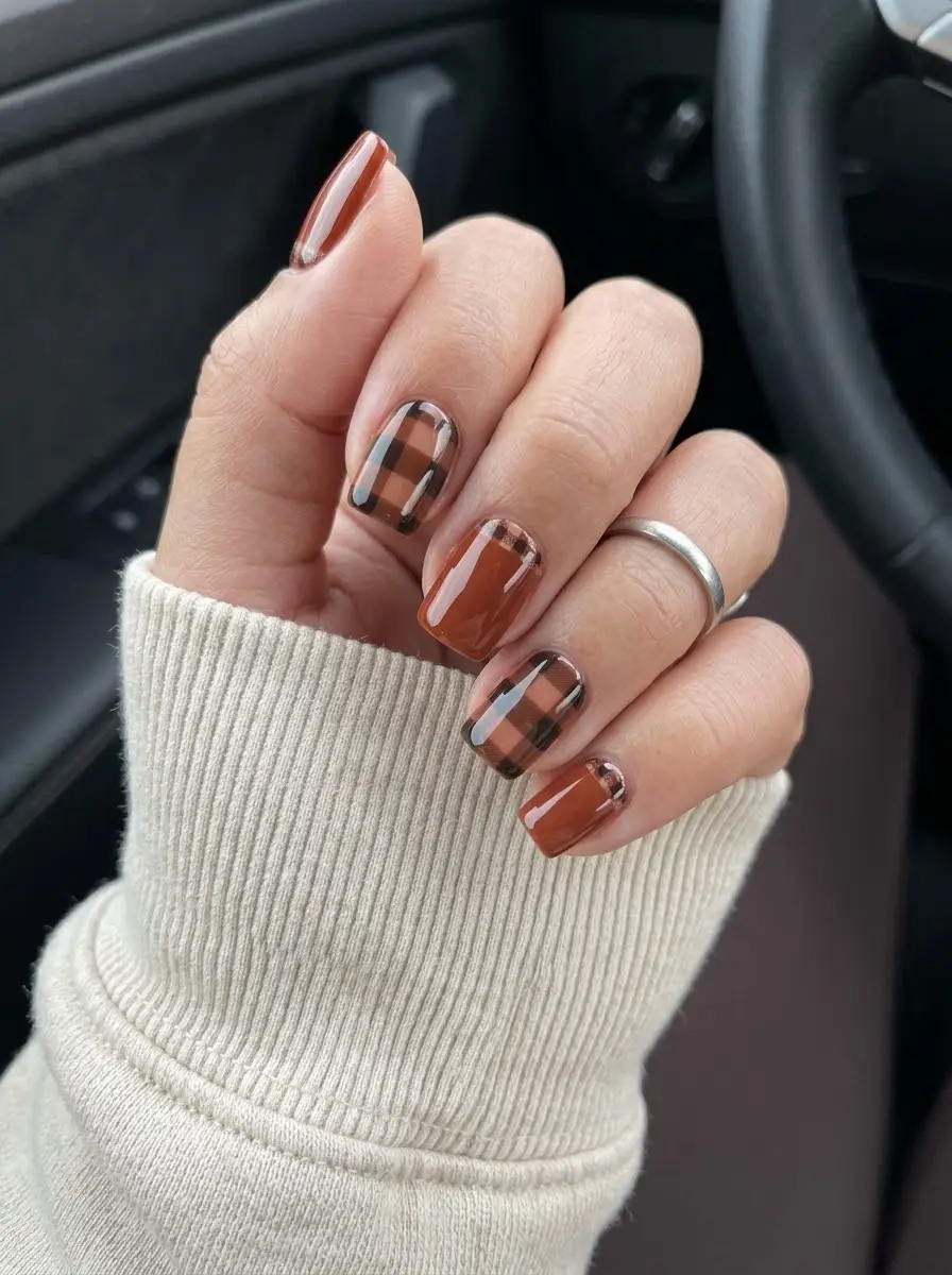 Burnt Orange and Brown Plaid Nails