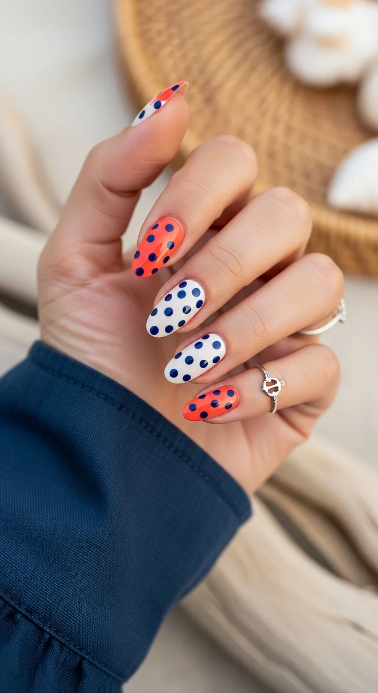 Short almond nails with orange and white base colors and navy blue polka dots.